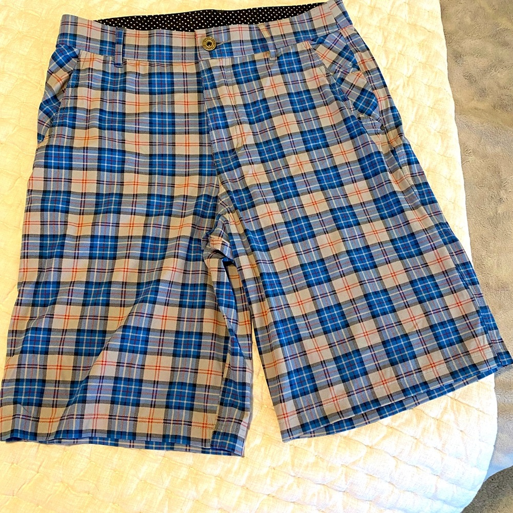 Lululemon mens bermuda shorts blue and gray plaid size 32 waist